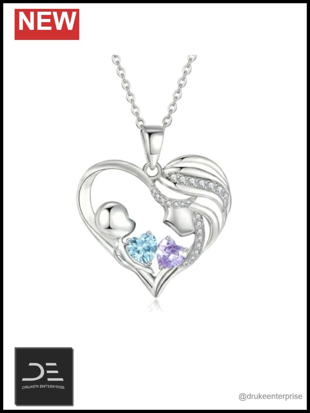 Mother Birthstone Heart Pendant Necklace 18k White Gold Plated Adjustable